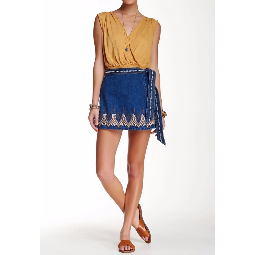 FREE PEOPLE denim wrap mini skirt with embroidered details 4